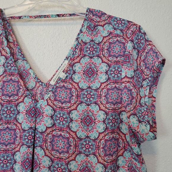 Daniel Rainn Top V Neck Blouse for Work Wear Size L Pink Geometric Design - Picture 4 of 11